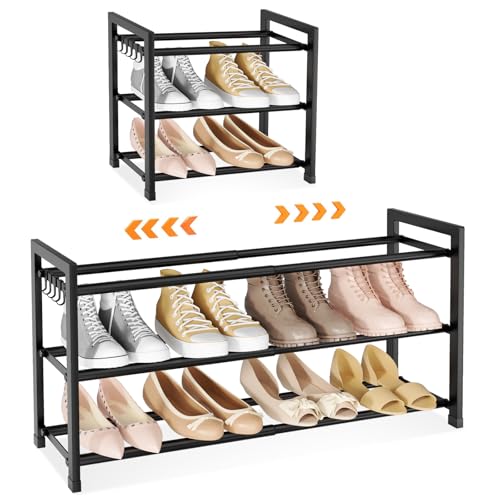 3-Tier Expandable Shoe Rack for Closet, Adjustable 18"-33" Metal Shoe Organizer for 12 Pairs, Shoe Shelf for Small Spaces, Entryway, Bedroom with 5 Hooks