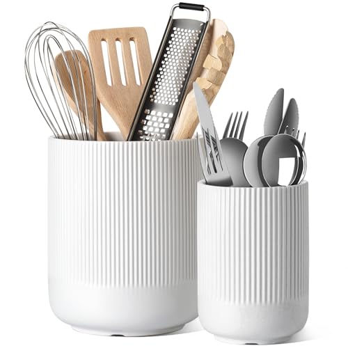 Ceramic Kitchen Utensil Holder for Counter, 7.3/5.4", White