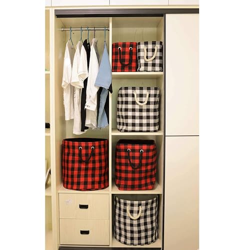 Large Rectangular Foldable Storage Laundry Baskets with Cotton Rope Handles Nursery Soft Felt Fabric Bins Delicate Home Organizer Solution, Red Black Grid, L - view 7