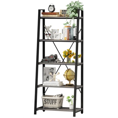 5 Tier Ladder Shelf, Leaning Bookshelf, Wood Metal Storage Shelf