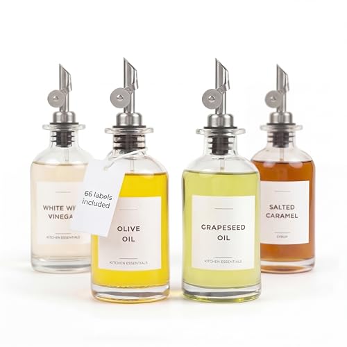 Olive Oil Dispenser Bottle - Includes 55 Kitchen Essential Labels - Cooking Oil Bottles for Kitchen, Coffee Syrup Dispenser - Pourer Spout with 11.8 fl oz Glass Container Cruet - 4pcs Silver