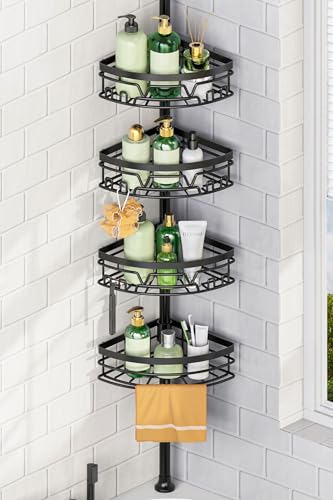 Tension Pole Shower Caddy with Towel Bar - Corner Shower Caddy, Black