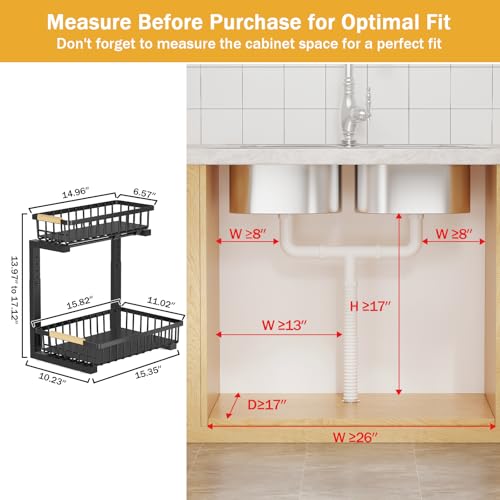 CARQSENG Under Sink Organizer 16" Deep Pull Out, 2 Tier Height-Adjustable (13.8-17in) Under Sink Organizers and Storage, Metal Under Sink Drawers Slide Out for Kitchen Bathroom - view 2
