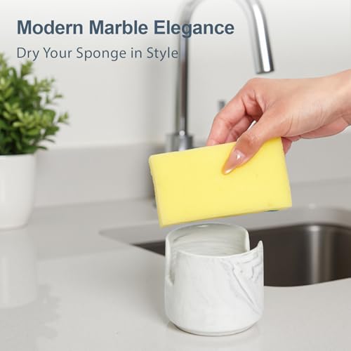 Ceramic Sponge Holder for Kitchen Sink, Dish Sponge Holder with Drain, Kitchen Sink Organizer for Sponge and Soap, Cute Ceramic Sink Holder, In Sink Sponge Storage for Kitchen Counter, Marble - view 5
