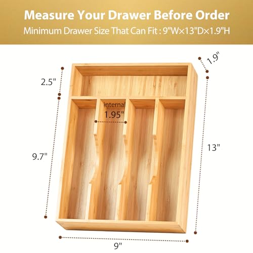 Bamboo Kitchen Drawer Organizer, 9 Inch Silverware Utensils Tray Holder for Small Drawer, Wood Caddy for Flatware Cutlery Knives - view 6