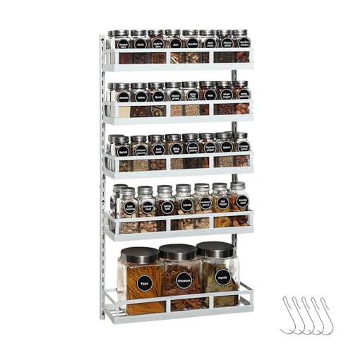 Wall Mount Spice Rack Organizer 5 Tier Height-Adjustable Hanging Spice Shelf Storage for Kitchen Pantry Cabinet Door, Dual-Use Seasoning Holder Rack with Hooks, White
