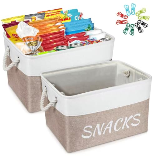 Snack Organizer for Pantry, Decorative Snack Basket with 10pcs Chip Clips, Snack Organizer for Desktop, Collapsible Snack Storage Basket Shelf, Office, Kitchen and More (Beige, Medium-2 Pack)