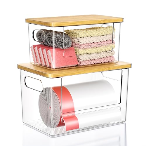 Trash Bag Dispenser 2 Pack, Stackable Trash Bag Holder with Bamboo Lid – Clear Plastic Garbage Bag Organizer for 4-33 Gal Bags, Space-Saving Under Sink Organizer for Kitchen, Laundry, Pantry