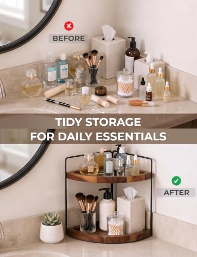 2-Tier Corner Bathroom Organizer, Acacia Wood Countertop Shelf - view 6