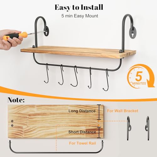 Floating Wall Shelves for Kitchen Bathroom Coffee Nook with 10 Adjustable Hooks for Coffee Mugs, Coffee Bar Organizer and Decor, Rustic Storage Shelves Set of 2 - view 6