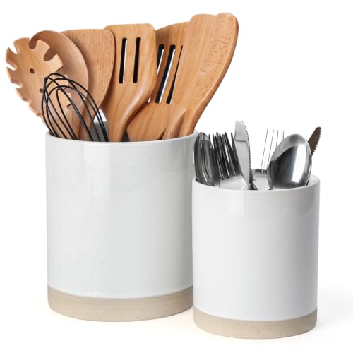 Ceramic Utensil Holder, 7.2"+5.8", Set of 2, White