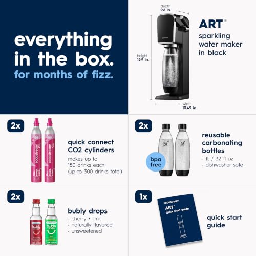 ART Sparkling Water Maker, Value Bundle, Soda Maker, Includes 2 Quick Connect 60L CO2 Cylinders, 2 Dishwasher Safe BPA Free Bottles, 2 bubly Flavor Drops, Make your own Pepsi, Black - view 2
