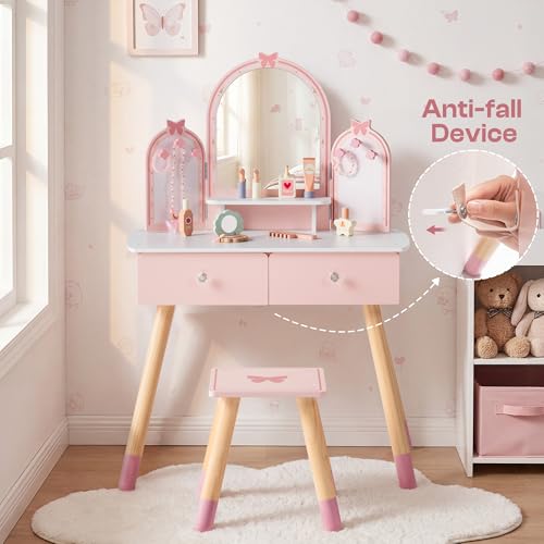 Pink Kids Vanity Set with Butterfly Mirror Stool Age 3+, 39in×27in - view 6