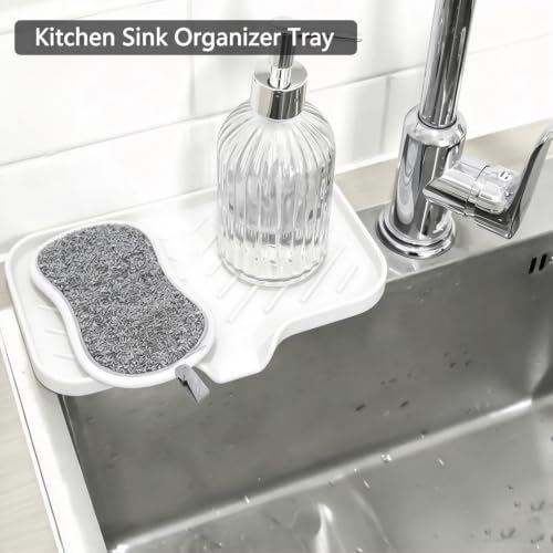 Kitchen Soap Tray, Silicone Bathroom Soap Dishes, Sponge Holder for Kitchen Sink for Bathroom Counter Sink Caddy Organizer for Dish Soap Bottle, Soap Dispenser, White - view 4