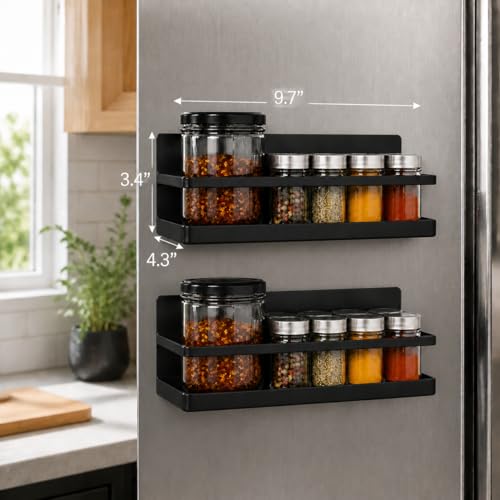 Magnetic Spice Rack Set of 2, Wall Mount or Refrigerator Organizer, Black Matte Steel Kitchen Shelf, Strong Magnetic Back, Drill or No-Drill Installation, Space Saving for Kitchen Organization - view 6
