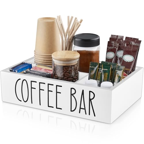 White Coffee Station Organizer with Removable Dividers – Wooden Coffee Bar Countertop Organizer for Pods, Stirrers, Sugar Packets & Lids, Kitchen, Office, Café Use