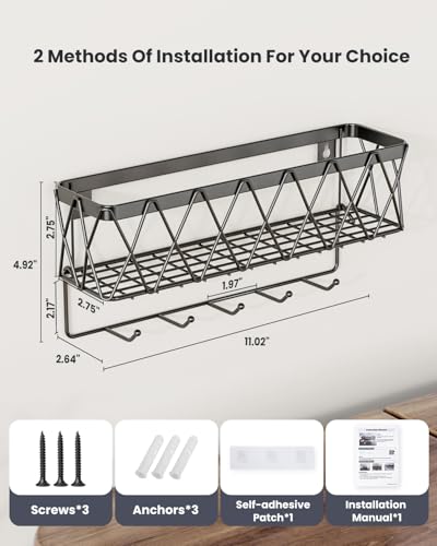 Key Holder Wall Mount Adhesive- Key and Mail Holder for Wall with 5 Hooks, Wall Mounted Mail Organizer and Key Rack, Modern Basket Key Hanger for Entryway, Home, Living Room Wall Decor, Black - view 3