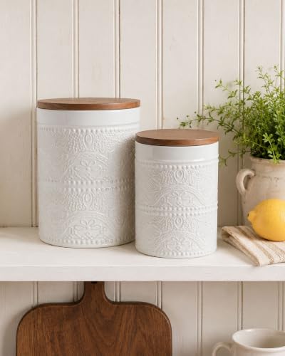 Ceramic Canister Sets for the Kitchen, Flour and Sugar Storage Containers, Coffee Canister with Airtight Lid for Countertops, Spices, and Food,(Lace Emboss) - view 5