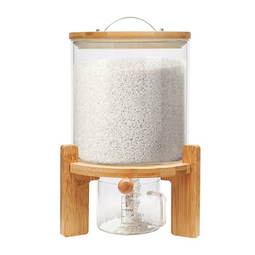 Capacity Airtight Glass Dry Food Storage Container Cereal Rice Dispenser w/Round Bamboo Lids & Cup & Stand (5 L) - view 5