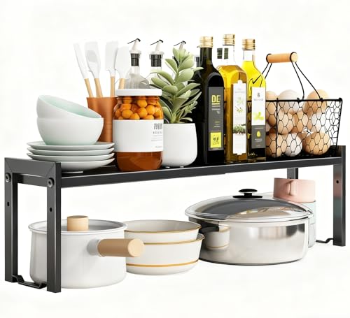 Expandable Cabinet Shelf 7.9"D Adjustable Countertop Riser Metal Rack Black
