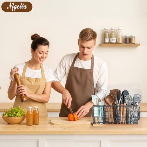 4 Compartments Extra Large Kitchen Utensil Holder with Wooden Base, Metal Organizer for Kitchen Countertop, Matte Black Cooking Utensils Holder with 4 Hooks for Tools Storage - view 3