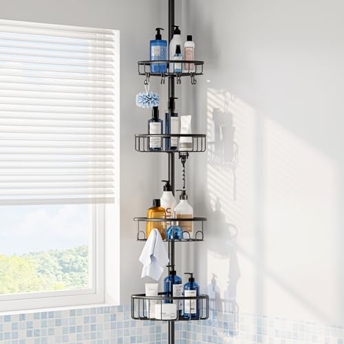 Corner Shower Caddy Tension Pole: Stainless Steel Rustproof 4-Tier Shower Organizer - 47-121 inch Adjustable Bathroom Shelves for Bathtub Shampoo Storage - Tension Rod Floor Standing Bath Rack - Black