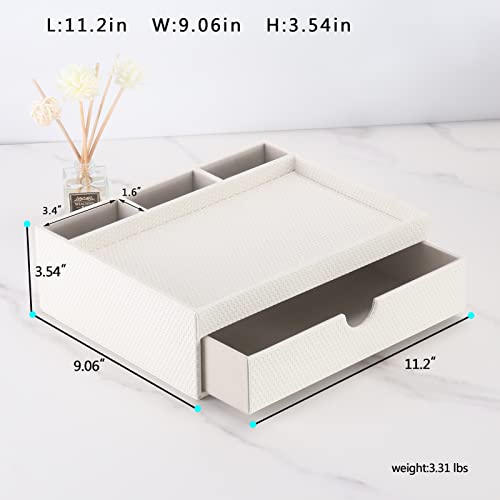 Leather Desk Organizer With Drawers, Home Cosmetics & Phone Remote Organizer, Drawer Plus Divider & Tray (white) - view 2