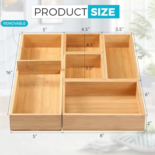 Bathroom Drawer Organizer, Bamboo Box Bin for Junk Vanity Desk Makeup Drawer, Small Wooden Container Tea Storage Organization Tray for Kitchen Office, Set of 5 - view 2