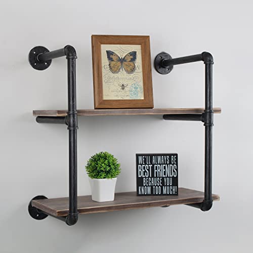 Industrial Pipe Shelving Wall Mounted,24in Rustic Metal Floating Shelves,Steampunk Real Wood Book Shelves,Wall Shelf Unit Bookshelf Hanging Wall Shelves,Farmhouse Kitchen Bar Shelving(2 Tier) - view 4