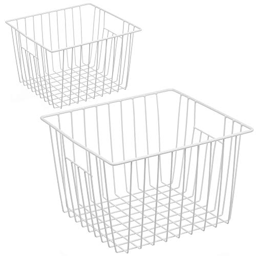 Deep Refrigerator Freezer Baskets, Large Household Wire Storage Basket Bins Organizer with Handles for Kitchen, Pantry, Freezer, Cabinet, Closets, Pearl White, Set of 2