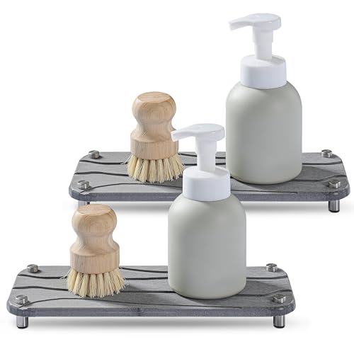 Sink Caddy 2PC Instant Dry Sink Organizer, Sponge Soap Holder Dispenser, Kitchen Countertop Fast Drying Counter Tray Rack, Sink Diatomaceous Pedestal Stand Riser with Stainless Steel Feet, Gray