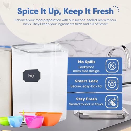 Extra Large Tall Airtight Food Storage Containers, Set of 4, Airtight Food Storage for Flour, Sugar, Rice, Includes Measuring Scoops, Pen, and Labels, 7qt, 220Oz, 6.5L, Transparent - view 6