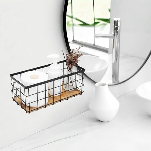 Black Metal Wire Storage Baskets with Wood Bottoms, Bathroom Storage Organizer Basket Bins, Set of 2 - Includes 2 Bonus Adhesive Hooks for Easy Wall Mounting - view 2