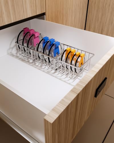 Tumbler lid organizer, Stainless Steel Kitchen Container Cover Holder, Cup Lid Organizer, Inner Tumbler Lid Storage Rack in Drawer, 3 Compartments, 304 Stainless Steel, Durable Non-Rusting - view 4