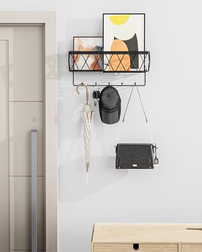 Key Holder Wall Mount Adhesive- Key and Mail Holder for Wall with 5 Hooks, Wall Mounted Mail Organizer and Key Rack, Modern Basket Key Hanger for Entryway, Home, Living Room Wall Decor, Black - view 2
