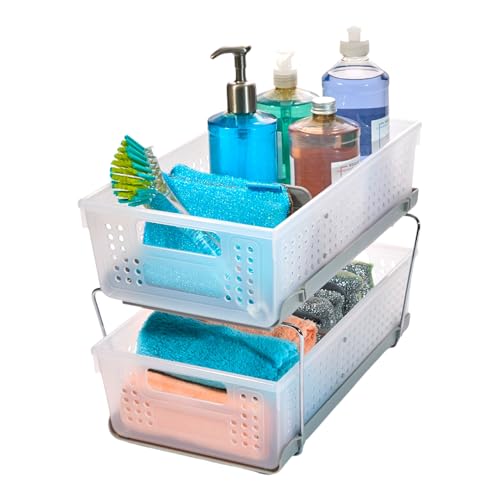 2 Tier Bath Organizer,Undersink Storage with Sliding Drawers,for Cleaning Supplies, Pantry, Sponges,Bottles&Kitchen Essentials,Adjustable Dividers&Pull Out Sliding Baskets,Frost, (Pack of 2) - view 3