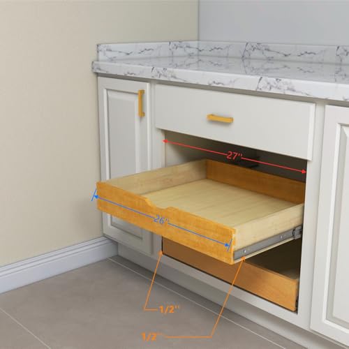 Solid Wood Pull Out Drawer 27" W × 21" D for Kitchen Cabinets, Roll Out Tray with Full Extension Slides, Natural Wood, DIY Assembly - view 2