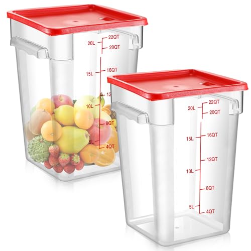 2 Pcs Square Food Storage Container Polycarbonate Clear Food Container with Lid Commercial Rice Storage with Graduations for Commercial Kitchen(22 Qt,Red)