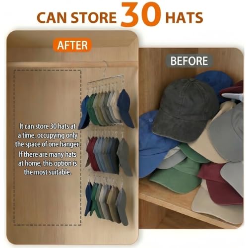 Closet Hat Organizer with 30 Clips, Foldable Hanging Storage Rack for Baseball Caps, Hat Rack - view 3