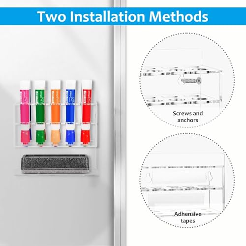Dry Erase Marker Holder, Wall Mounted Acrylic Marker Holder with 10 Slots, Sticky Pen Storage for Classroom Organization, Office, Whiteboard, Desk Locker Organizer Accessories, Clear - view 3