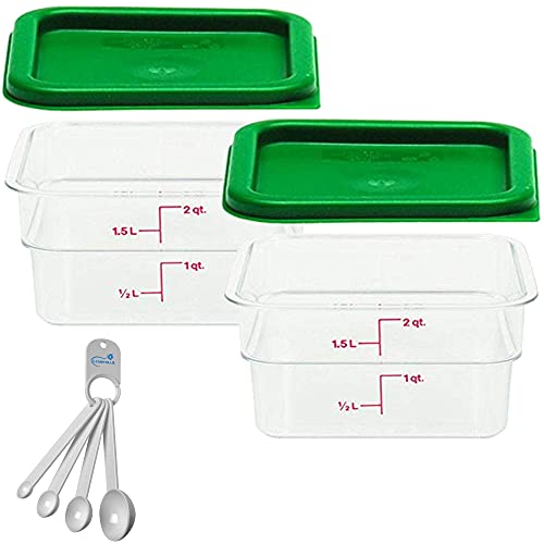 Cambro Polycarbonate Square 2 Quart Food Storage Container, 2 Pack Clear, with 2 Kelly Green Lids, Bundle with a Measuring Spoon Set