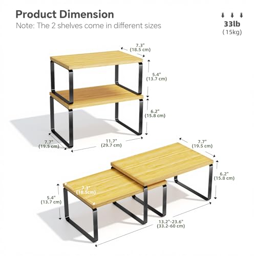Bamboo Cabinet Organizer Shelf, Set of 2 Kitchen Counter Shelves, Stackable Expandable Spice Rack Kitchen Storage, Black and Natural Beige - view 3