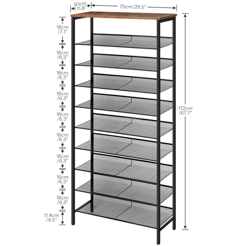 Shoe Rack for Entryway, 10-Tier Shoe Shelf, Large Capacity Shoe Storage Organizer for 27-30 Pairs of Shoes, Front Door Entrance, Hallway, Closet, Space Saver, Rustic Brown and Black BF110XJ01G1 - view 3