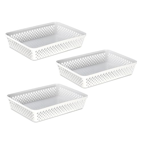 Plastic Storage Basket Set - Multipurpose Drawer Trays, Kitchen Pantry Containers, and Bathroom Bins - 3 Pack Large Organizers, White