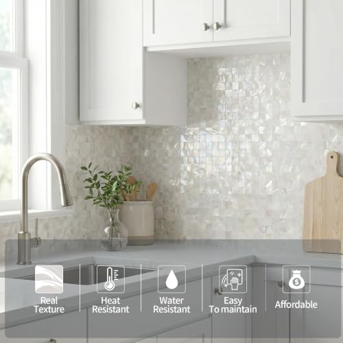 10 - Sheet Pearl Shells Tile Peel and Stick Backsplash, Self Adhesive Wall Tile for Kitchen, Bathroom, Bedroom (11.8"X11.8", White Nature) - view 2