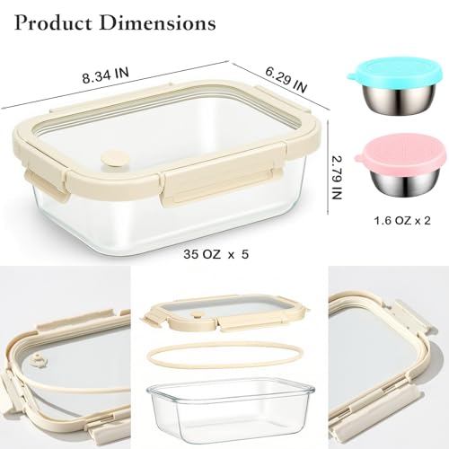 Glass Food Storage Containers with Glass Lids, Stainless Steel Salad Dressing Containers, Microwave-safe LeakProof Food Containers Set, 5-pack 35 oz（White） - view 3
