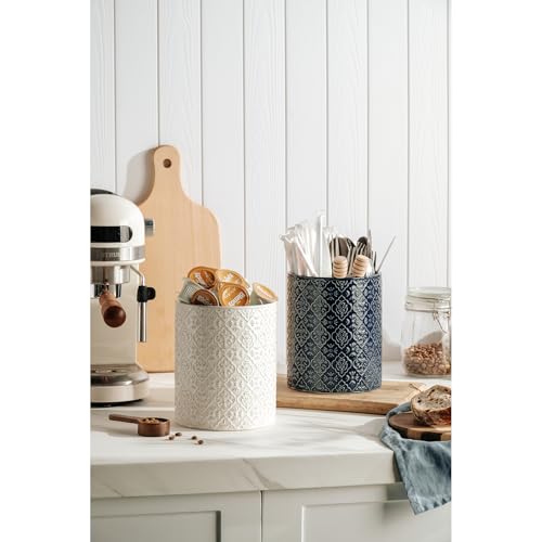 Kitchen Utensil Holder, 6x7 inch Large Ceramic Utensil Holder with Embossed Pattern, Cooking Utensil Crocks for Kitchen Countertop, Home Decor, Off-White - view 3