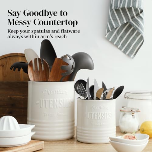 7.2" Large Ceramic Utensil Holder for Kitchen Counter, Beige - view 5