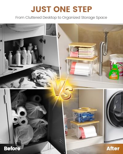 Trash Bag Dispenser 2 Pack, Stackable Trash Bag Holder with Bamboo Lid – Clear Plastic Garbage Bag Organizer for 4-33 Gal Bags, Space-Saving Under Sink Organizer for Kitchen, Laundry, Pantry - view 5
