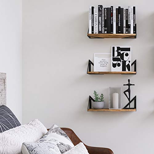 Minori Floating Shelves Set of 3, Small Bookshelf Unit for Living Room, Office, and Bedroom, Natural Burned Rustic Wood Wall Decor with Metal Floating Shelf Bracket 6D x 17W x 5.5H in - view 4